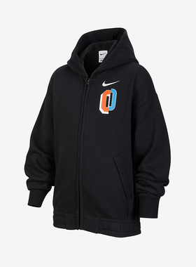 Nike耐克黑色开衫卫衣男女大童全长拉链开襟加绒连帽衫IO7912-010