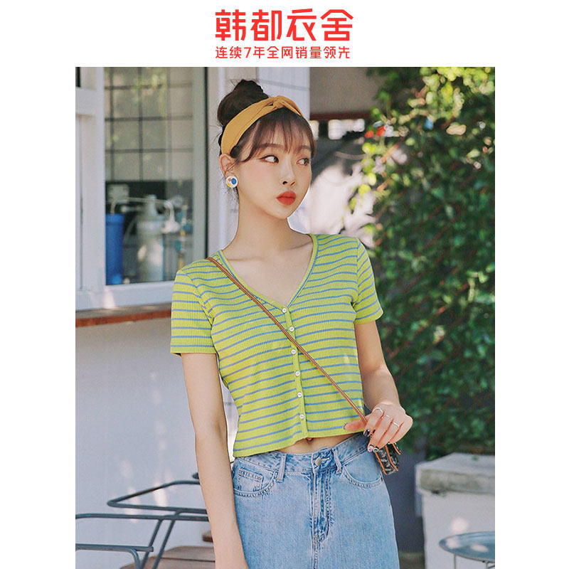 韩都衣舍2020年夏装新款韩版女装时尚chic条纹短款上衣网红T恤