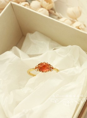 日系复古文艺天然橙红色石榴石叶子镂空活口均码纯银S925镀金戒指