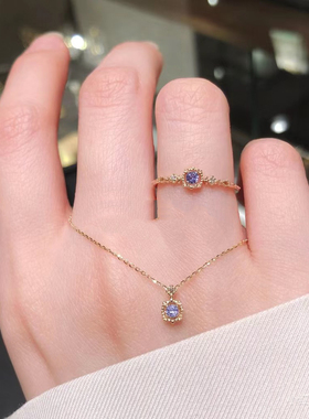 回馈款*鸢尾花的香气复古天然坦桑石戒指方形镶钻戒耳钉项链