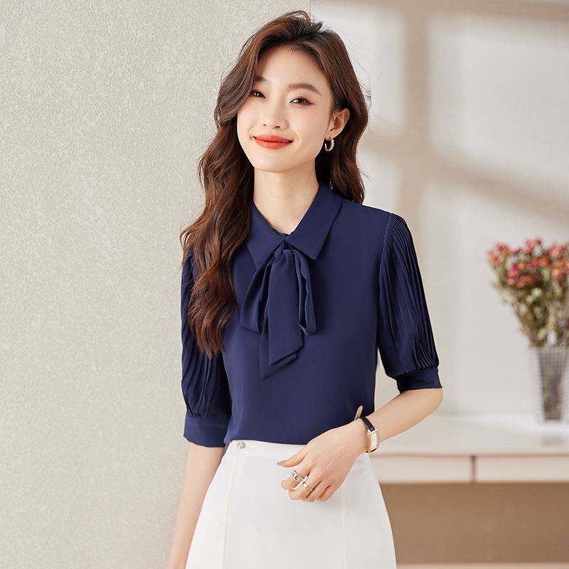 短袖雪纺衬衫女2025夏季新款职业OL上衣气质蝴蝶结衬衣套装工作服