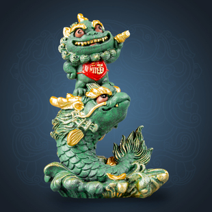 青砂石风狮爷鱼龙出水占鳌头彩金创意茶宠工艺品吉祥物桌面装饰品