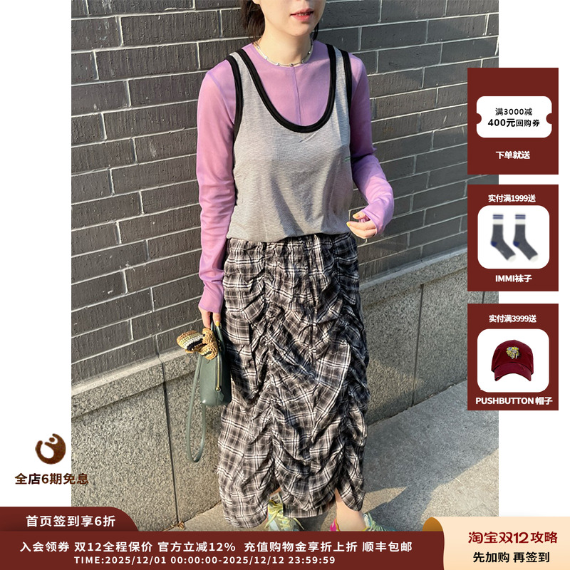 OIIORIRI25SS格纹抽皱长裙JULY