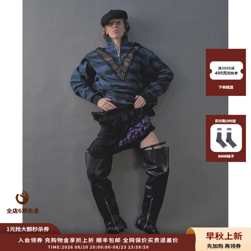 睫毛蕾丝半拉链条纹高领长袖上衣
