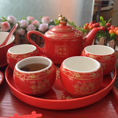 广东结婚中式传统新人敬茶茶具套装新款红釉陶瓷嫁妆喜碗敬茶杯套