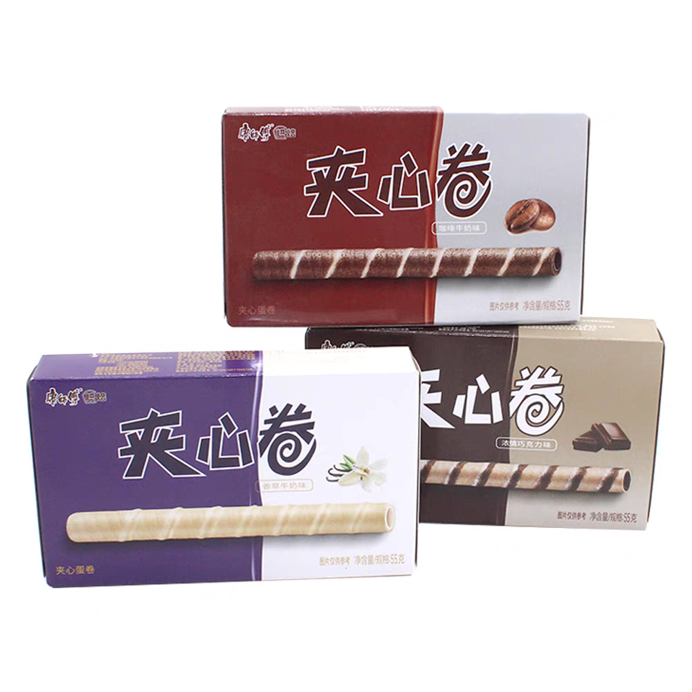 新货55g康师傅3 2夹心卷咖啡/香草牛奶/浓情巧克力味休闲零食