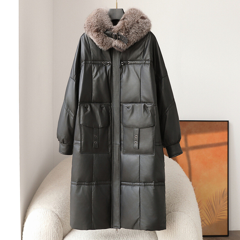 海宁真皮绵羊皮羽绒服女长款鹅绒加厚保暖狐狸毛领宽松皮草外套女