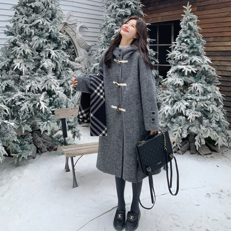 现货首发主推新款牛角扣连帽加厚双面羊毛呢大衣p295-k438