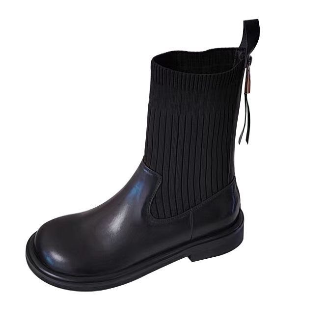 BRITISH STYLE BOOTS 2024 SPRING NEW TOP LAYER COWHIDE FLAT LEATHER MID-BARREL WOMENS SHOES LOW HEEL KNITTED ELASTIC SOCK BOOTS