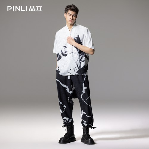 品立国潮立领印花宽松休闲套装男