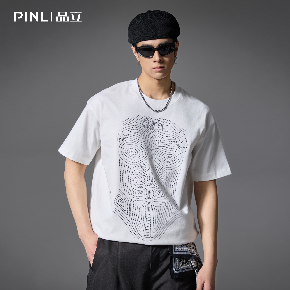 PINLI品立时尚烫钻休闲短袖T恤潮