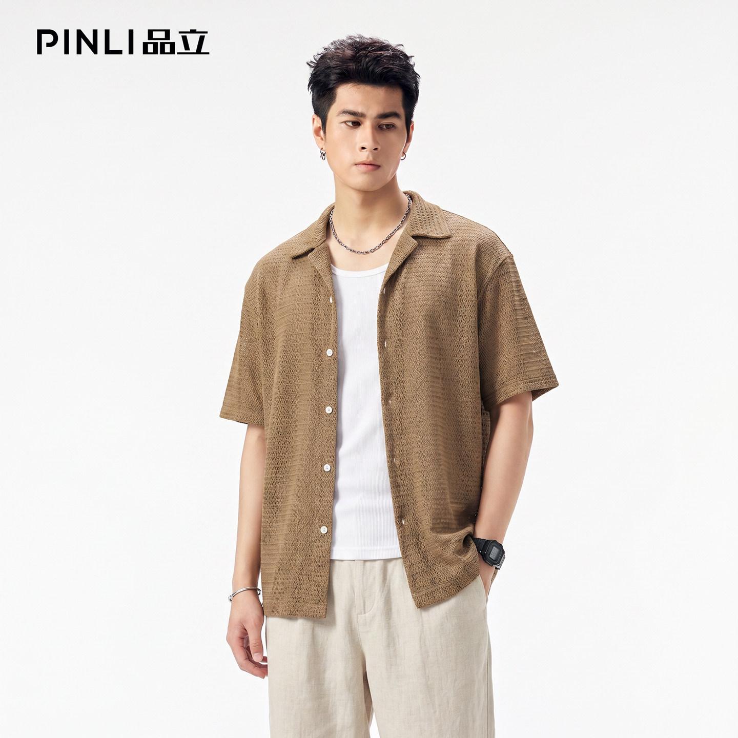 PINLI品立2026夏季新款男士尖领半透明宽松纯色短袖衬衫衬衣潮牌图片