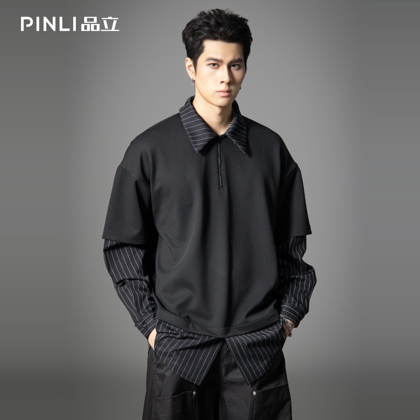 品立衬衫领拼接条纹卫衣假两件男