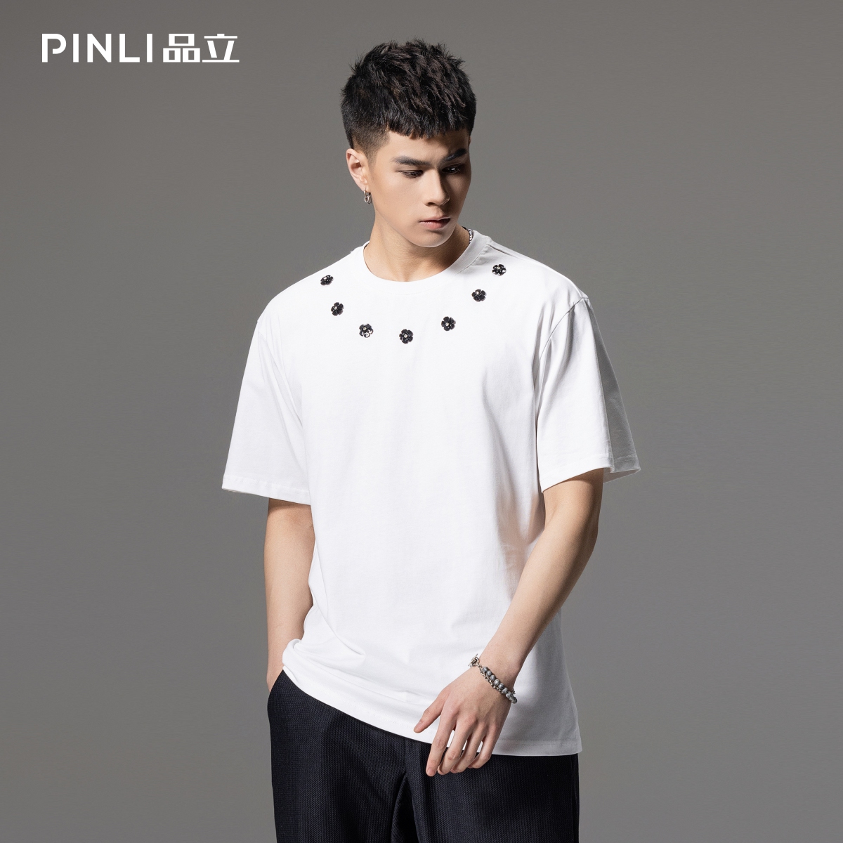 PINLI品立花瓣圆领落肩短袖T恤