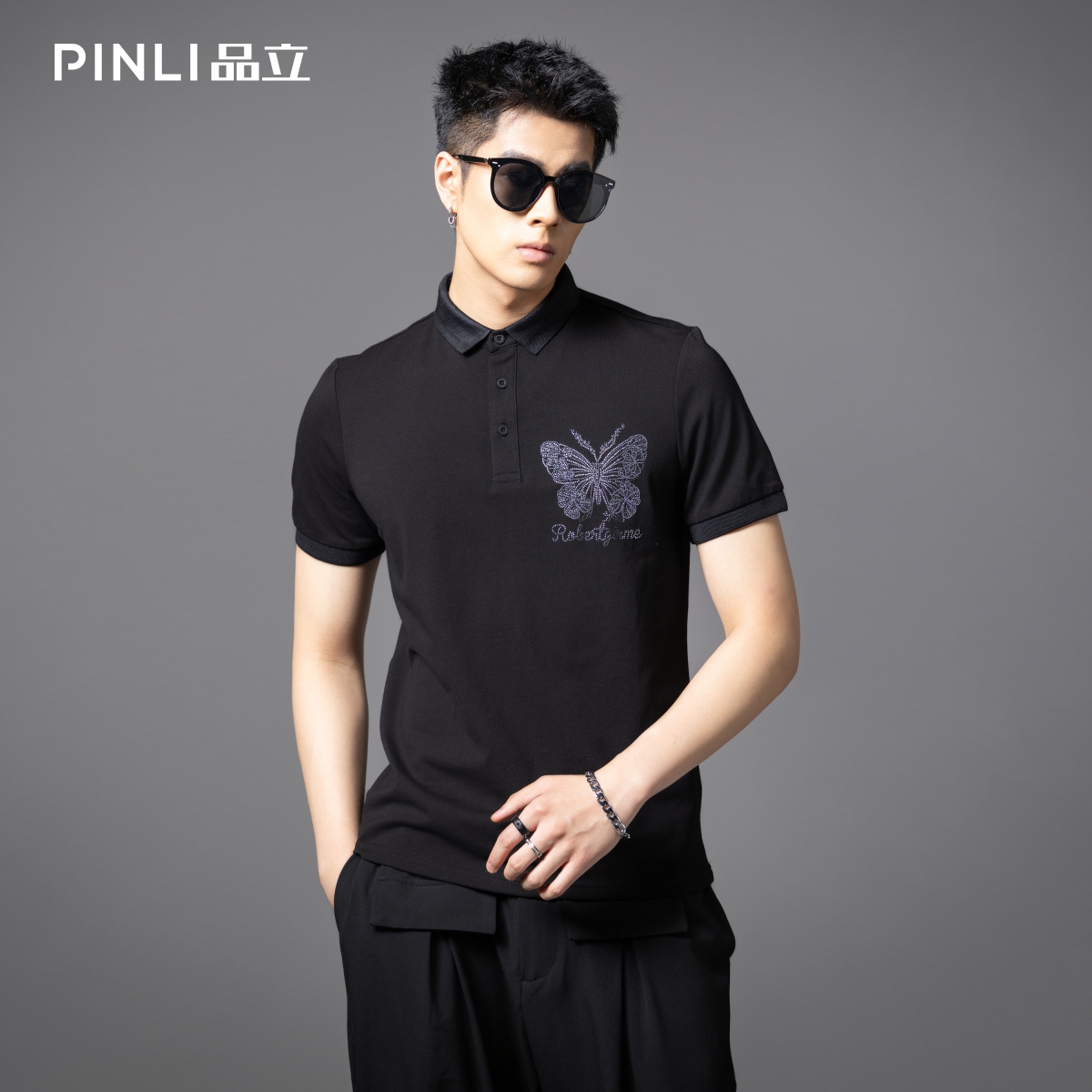 品立蝴蝶烫钻修身短袖POLO衫男士
