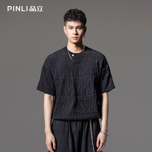 PINLI品立提花树叶宽松男短袖T恤