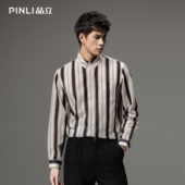 新款 男士 扣领撞色条纹长袖 PINLI品立秋季 衬衫 休闲打底衬衣潮