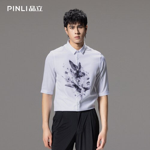 PINLI品立潮男印花中袖休闲衬衫