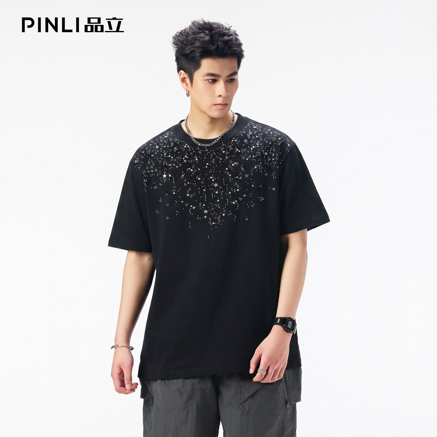 PINLI品立2026夏季新款男满天星创意烫钻圆领落肩纯棉短袖T恤上衣图片