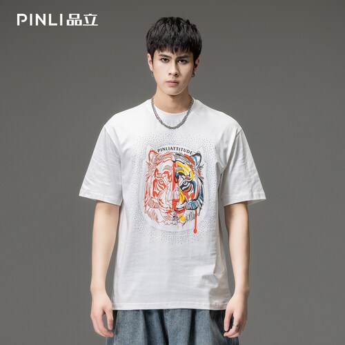 PINLI品立烫钻男士短袖休闲T恤潮
