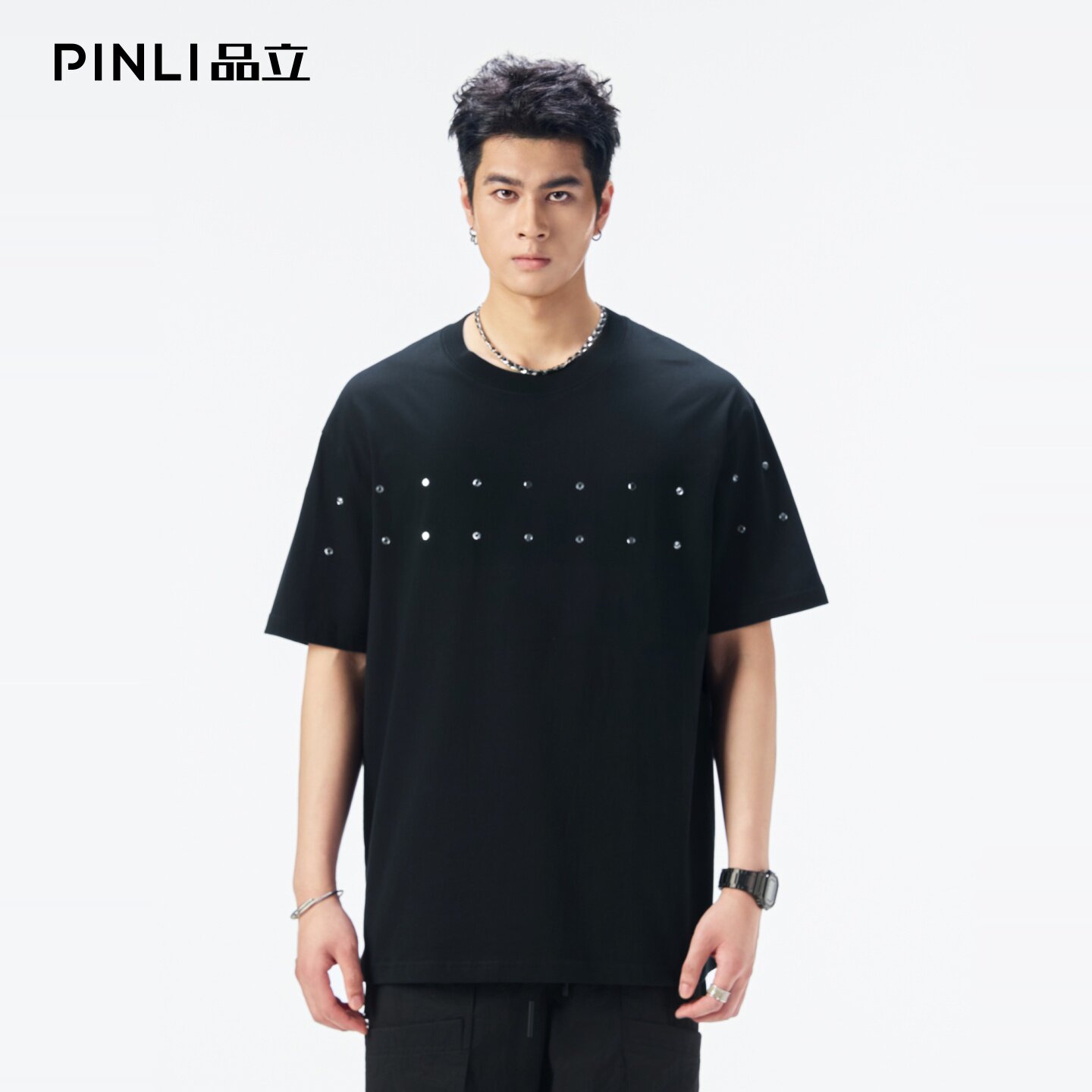 PINLI品立2026夏季新款青年烫珠圆领落肩袖纯棉短袖T恤上衣潮牌男
