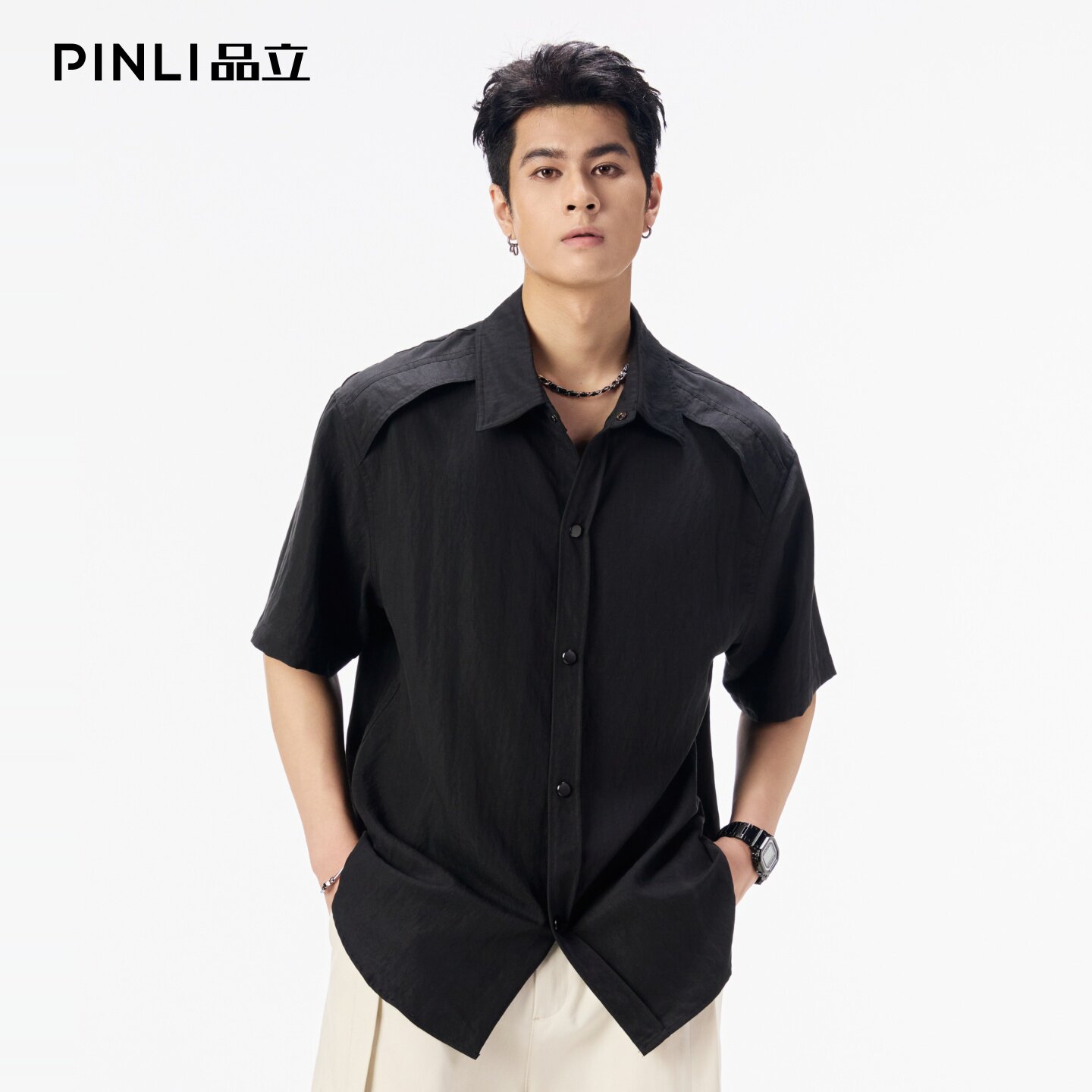 PINLI品立2026夏季新款男装宽松翻领落肩纯色短袖衬衫衬衣上衣潮图片