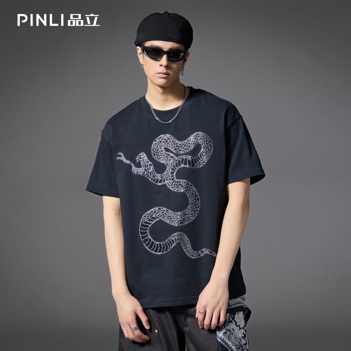 PINLI品立重磅宽松烫钻短袖T恤潮