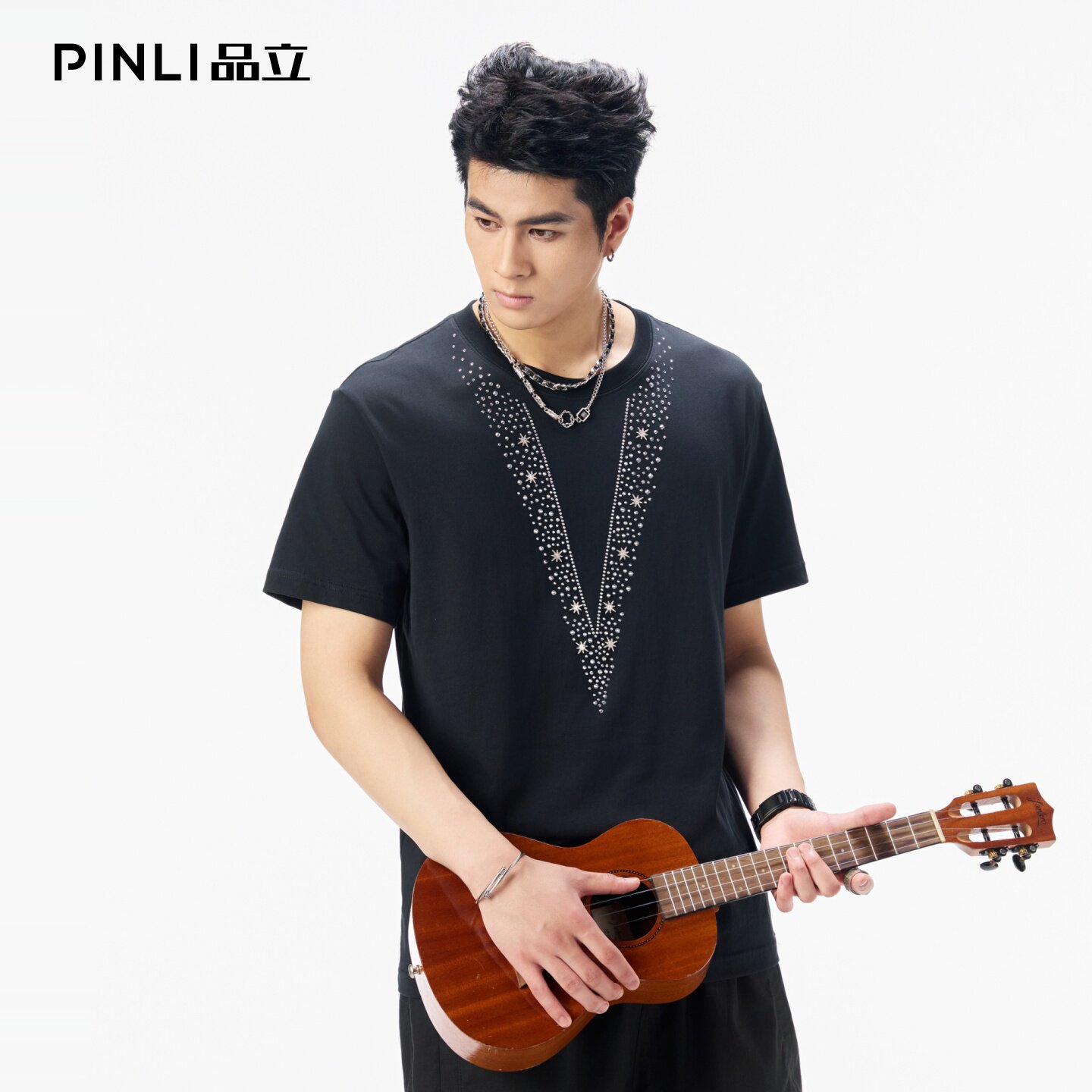 PINLI品立2026夏季新款青年圆领烫钻落肩袖纯棉短袖T恤上衣潮牌男