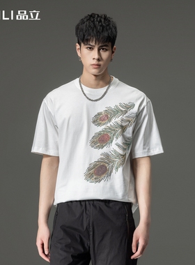 PINLI品立夏季新款男士纯棉烫钻T恤休闲短袖体恤BG231111068