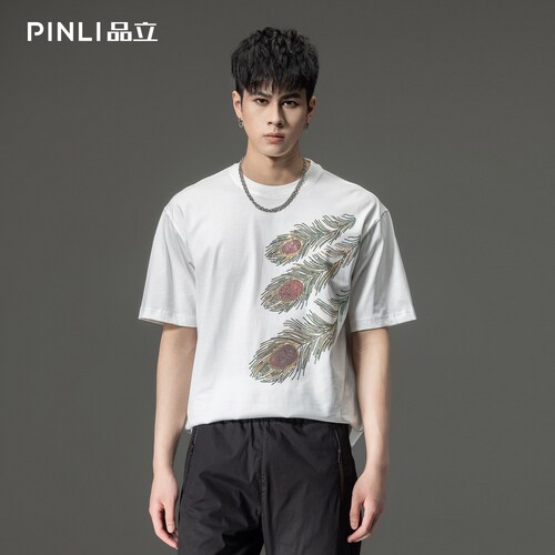 PINLI品立短袖纯棉烫钻休闲T恤潮