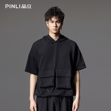 PINLI品立裁魂夏季新款棋盘格连帽休闲T恤暗黑宽松短袖男上衣