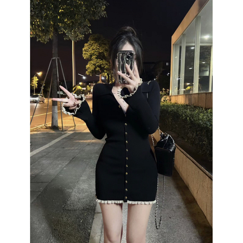 法式高级感辣妹黑色包臀短裙2023秋季新款赫本风轻奢长袖连衣裙女