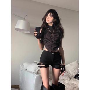 包臀风裤子热短裤女钢管舞爵士舞辣妹机车弹力高腰朋克夏季黑色薄