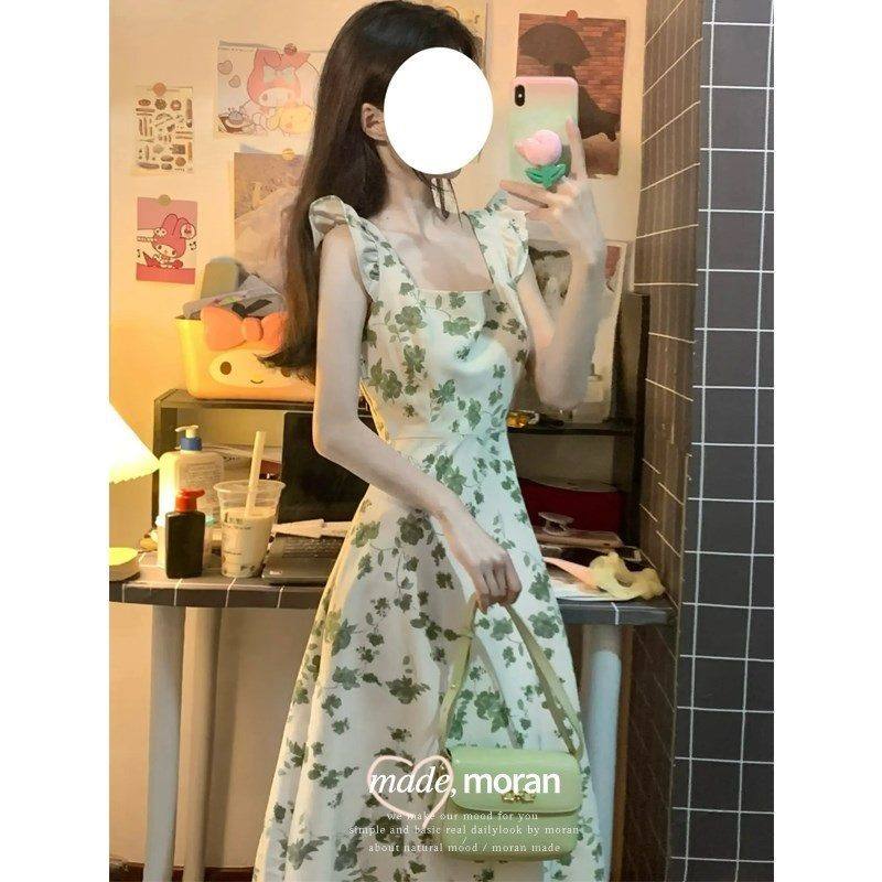 碎花连衣裙女夏季绿色薄款吊带裙