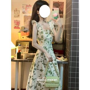 吊带裙高级感收腰显瘦无袖 方领长裙子潮 绿色薄款 碎花连衣裙女夏季