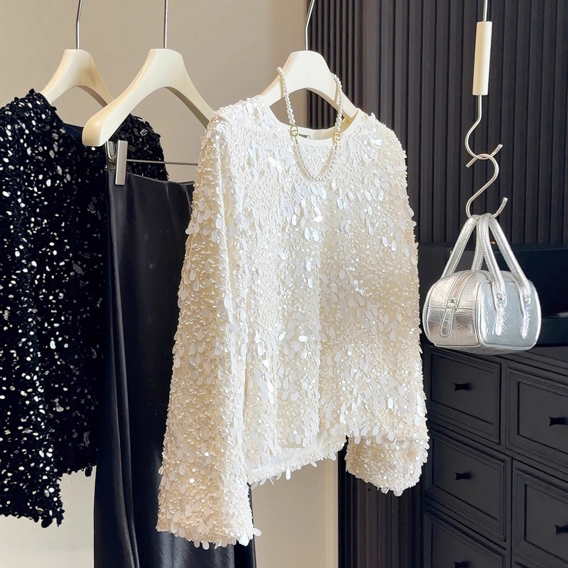 感韩版重工亮片圆领小衫女春秋冬季2025新款名媛气质长袖上衣,女装/女士精品,蕾丝衫/雪纺衫,淘宝优惠券,粉丝福利购,淘宝优惠卷