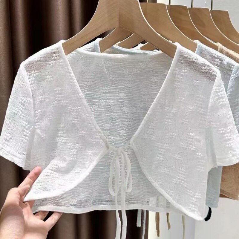 吊带长裙的外搭开衫感夏季天小披肩配裙子短袖外套蕾丝罩衫女