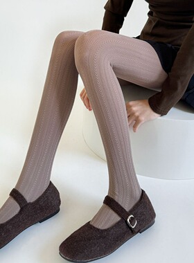 秋冬新款竖纹麦穗提花连袜格雷系显瘦百搭灰色打底袜复古美腿袜裤