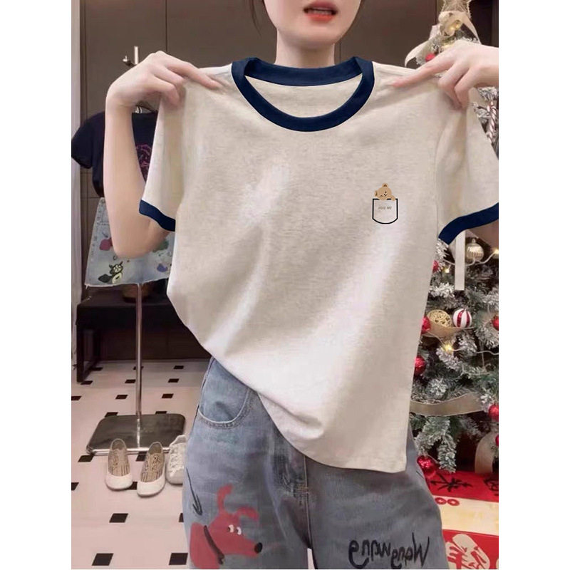 正肩拼色圆领短袖t恤女时尚百搭浅花灰色打底衫上衣夏季新款 - 实物图