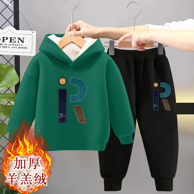 男童加绒套装儿童秋冬装2024新款中大童儿童连帽卫衣两件套潮童装