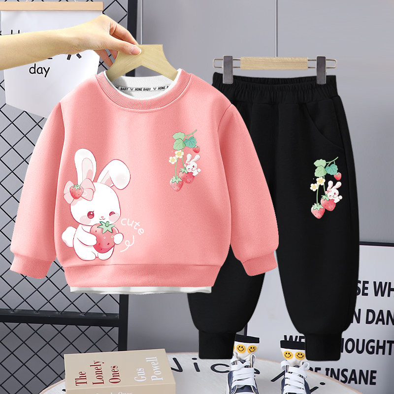 女童秋季套装2025新款时髦网红秋装中小童卡通洋气运动卫衣假两件