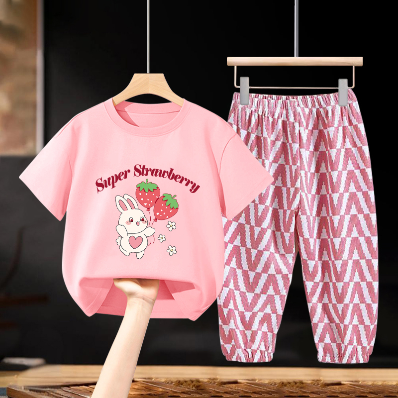 防蚊裤套装休闲上衣两件装女童2025新款儿童夏季卡通纯棉短袖T恤