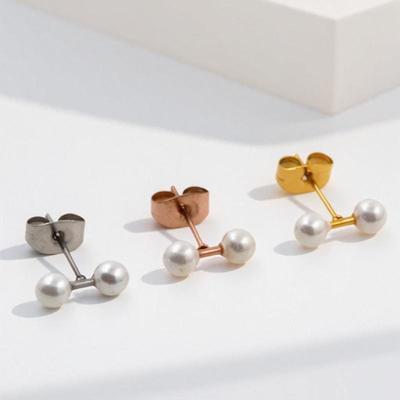 法式小众双珍珠钛钢镀18K金耳钉