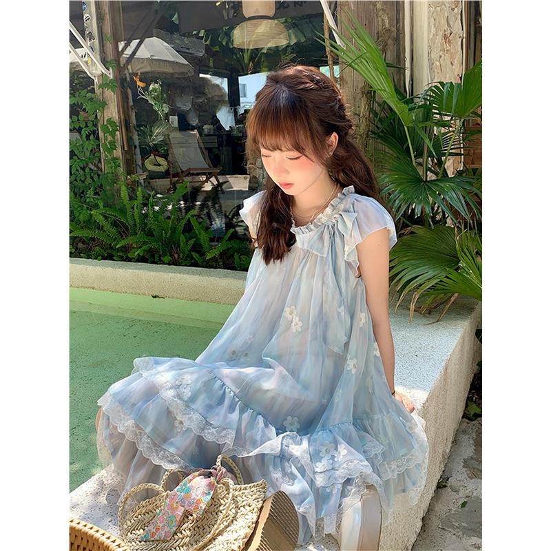仲夏花语仙女风裙蓝色波浪绣花裙