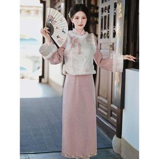 两件套版改良领冬季国风2025马甲新中式毛毛秋冬新款粉色旗袍加厚