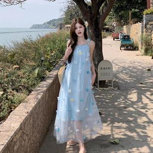 海边度假立体花朵网纱吊带连衣裙子女夏季 高级感气质a字仙女长裙