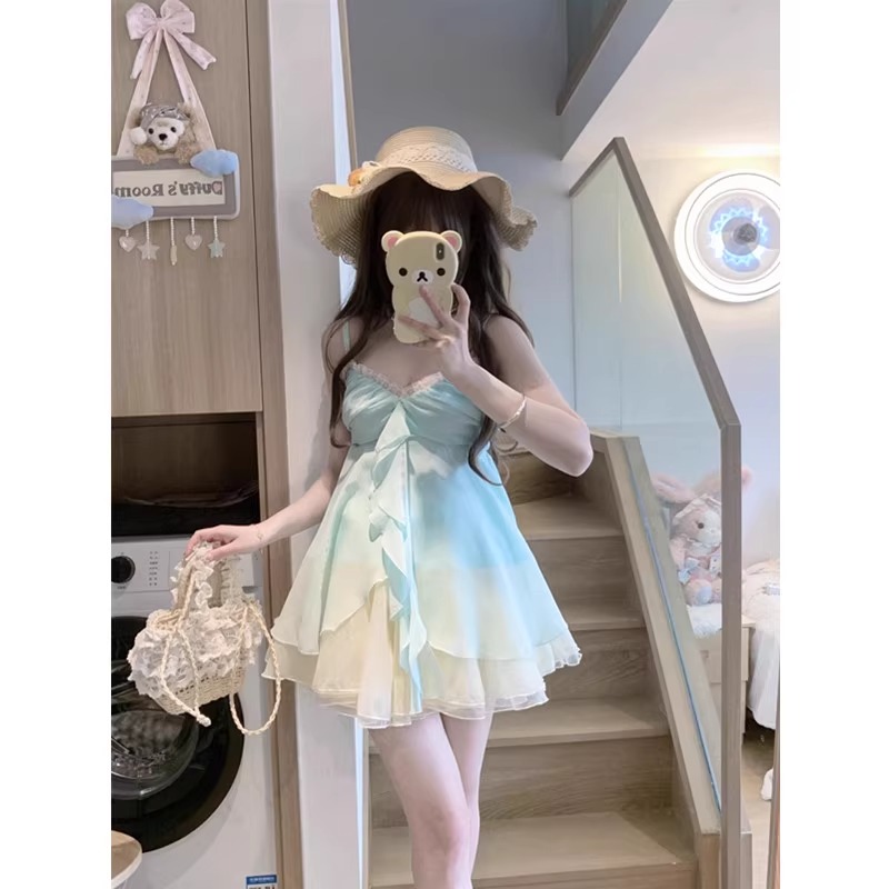 小个子穿搭一整套夏季甜妹纯欲风吊带上衣蓬蓬半身短裙两件套装女
