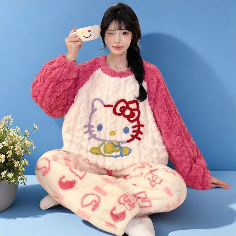 珊瑚绒睡衣女加厚加绒秋冬季可爱大码200斤法兰绒家居服套装冬款