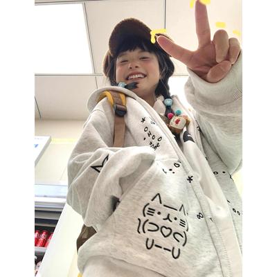 日系可爱猫咪白灰色开衫卫衣女连帽秋冬加绒宽松慵懒风拉链外套潮