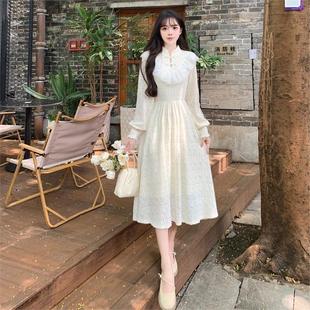 新中式荷叶边立领加绒蕾丝连衣裙女秋冬大码高级感内搭气质长裙子